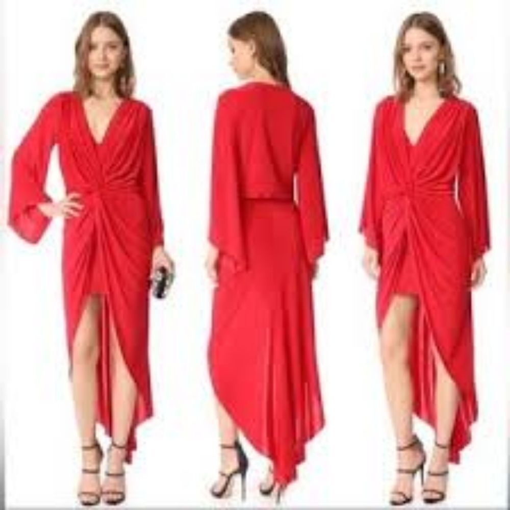 Misa Los Angeles Long Sleeve High Low Cocktail Formal Party Dress, Small, Red